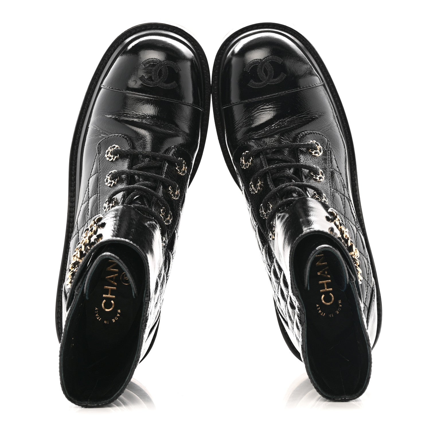 Chanel Shiny Calfskin Quilted Lace Up Combat Boots 39 Black 2 of 9