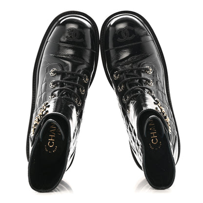 Chanel Shiny Calfskin Quilted Lace Up Combat Boots 39 Black 2 of 9