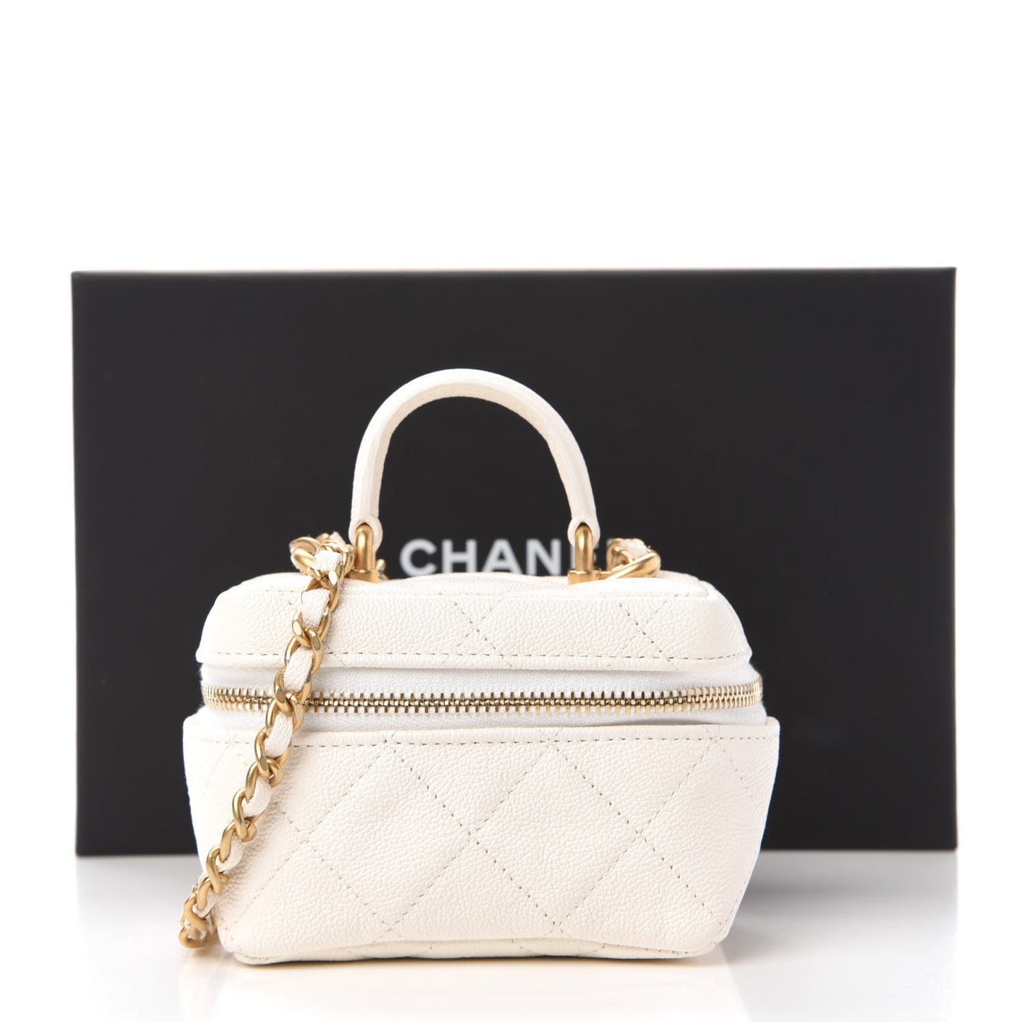 Caviar Quilted Mini Top Handle Vanity With Chain White