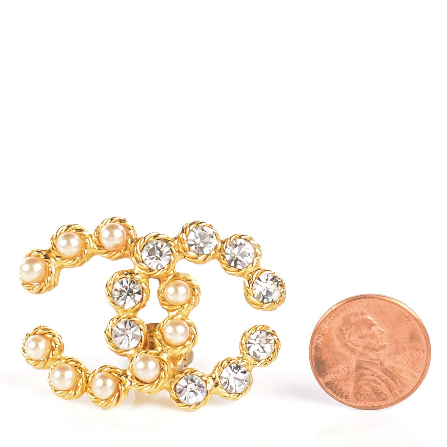 Pearl Crystal CC Clip On Earrings Gold