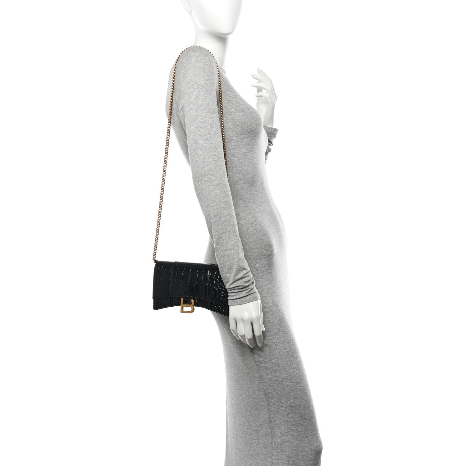 Balenciaga Shiny Calfskin Crocodile Embossed Hourglass Chain Bag Black 2 of 10