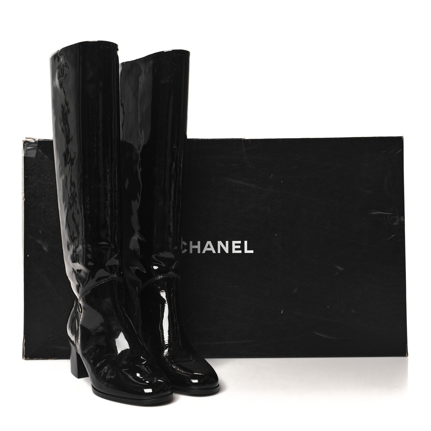 Patent Calfskin CC Knee High Boots 36.5 Black