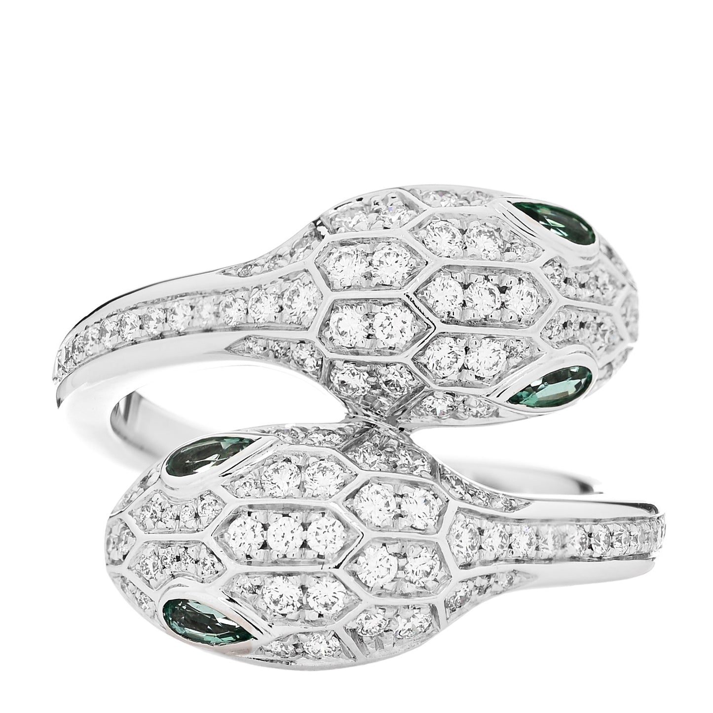 18K White Gold Diamond Emerald Serpenti Seduttori Two Head Ring 55 7.25