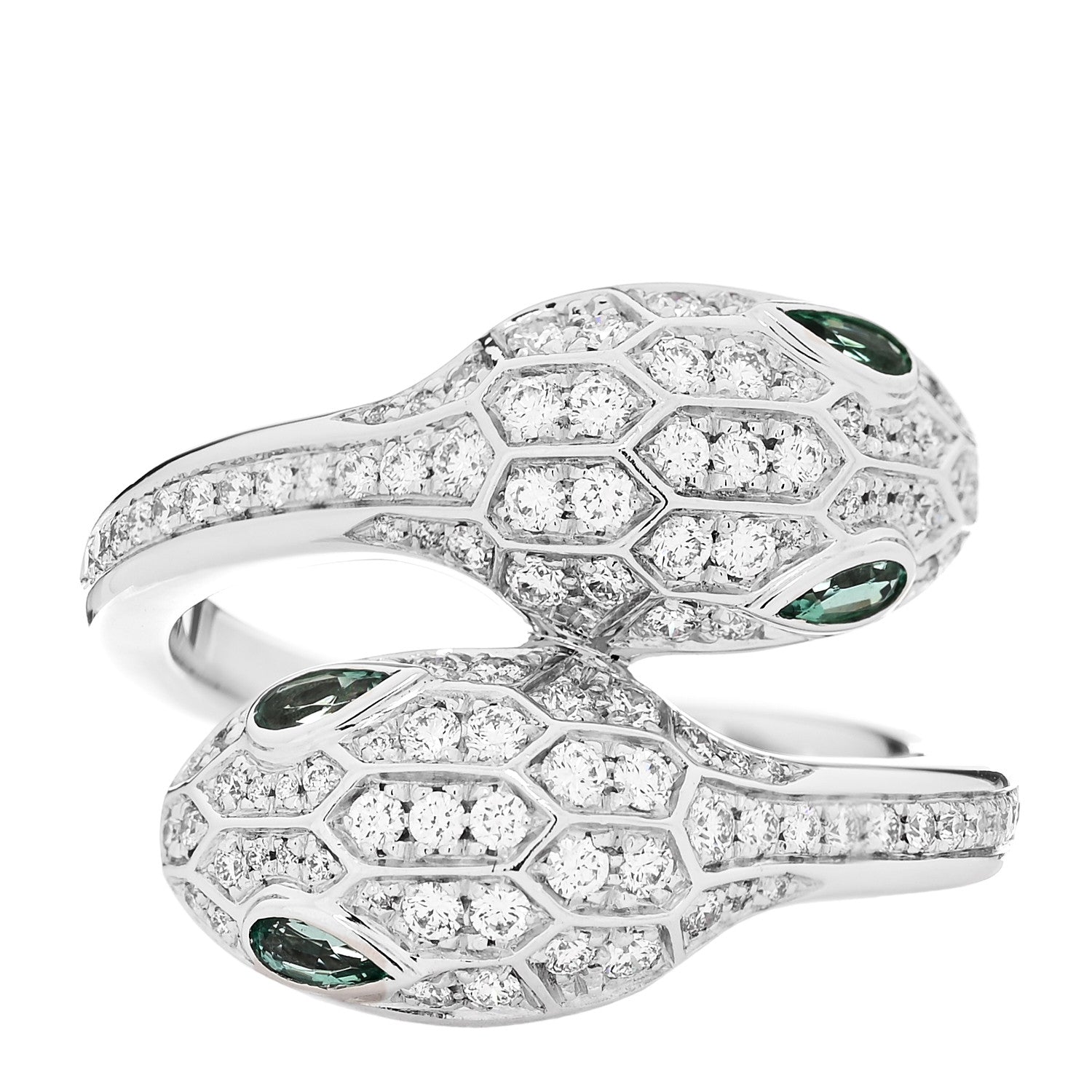 Bulgari 18K White Gold Diamond Emerald Serpenti Seduttori Two Head Ring 55 7.25 1 of 6