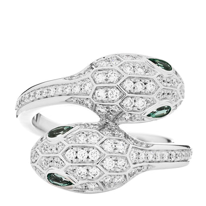 Bulgari 18K White Gold Diamond Emerald Serpenti Seduttori Two Head Ring 55 7.25 1 of 6