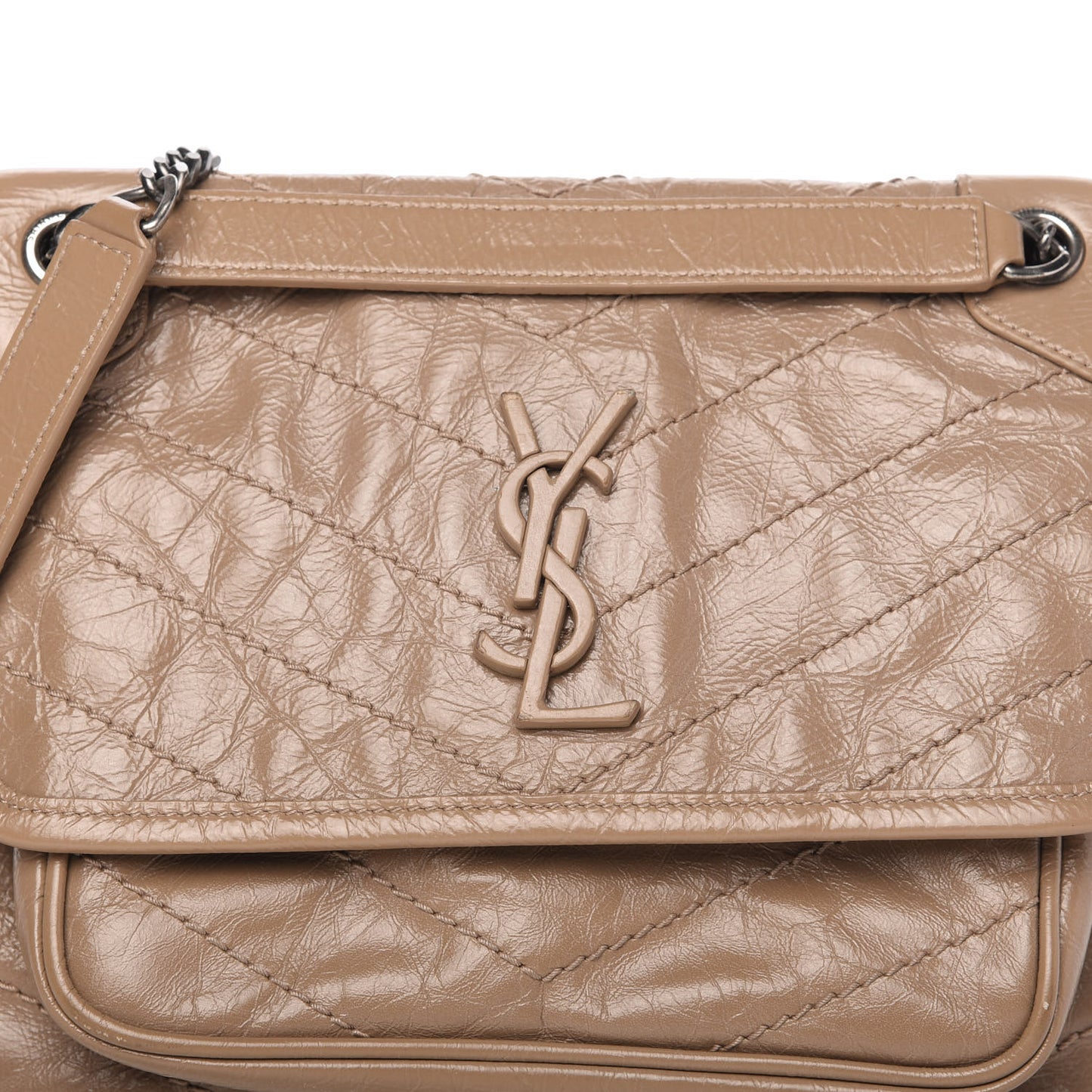 Crinkled Calfskin Matelasse Monogram Baby Niki Chain Satchel Light Taupe