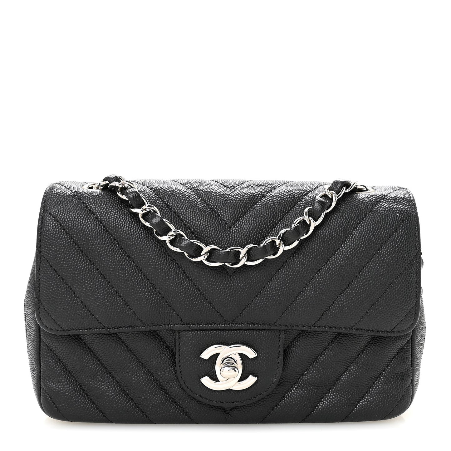 Caviar Chevron Quilted Mini Rectangular Flap Black