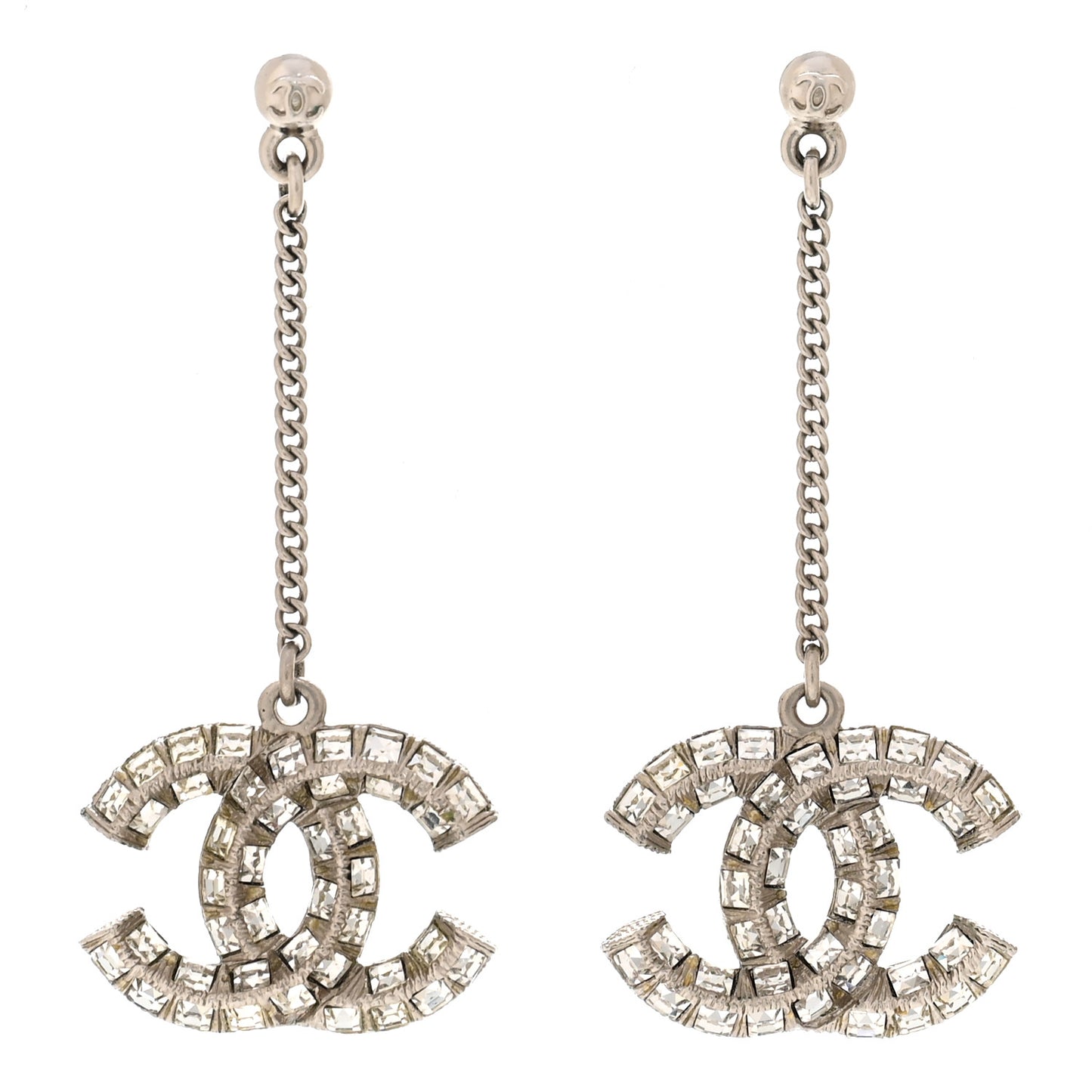 Baguette Crystal CC Drop Earrings Silver