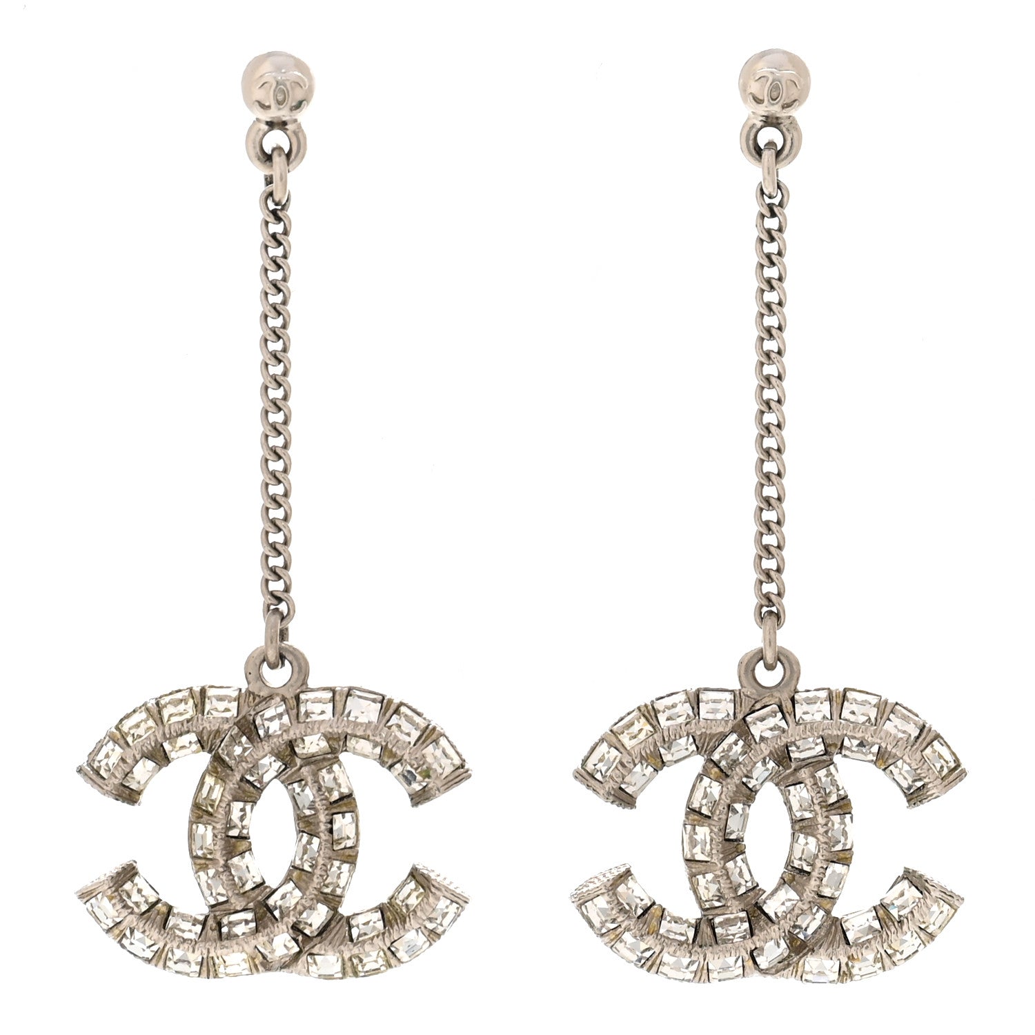 Chanel Baguette Crystal CC Drop Earrings Silver 1 of 5