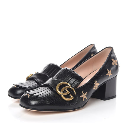 Gucci Quentin Goatskin Bee Star Embroidered GG Marmont Fringe 50mm Loafer Pumps 38 Black 4 of 10