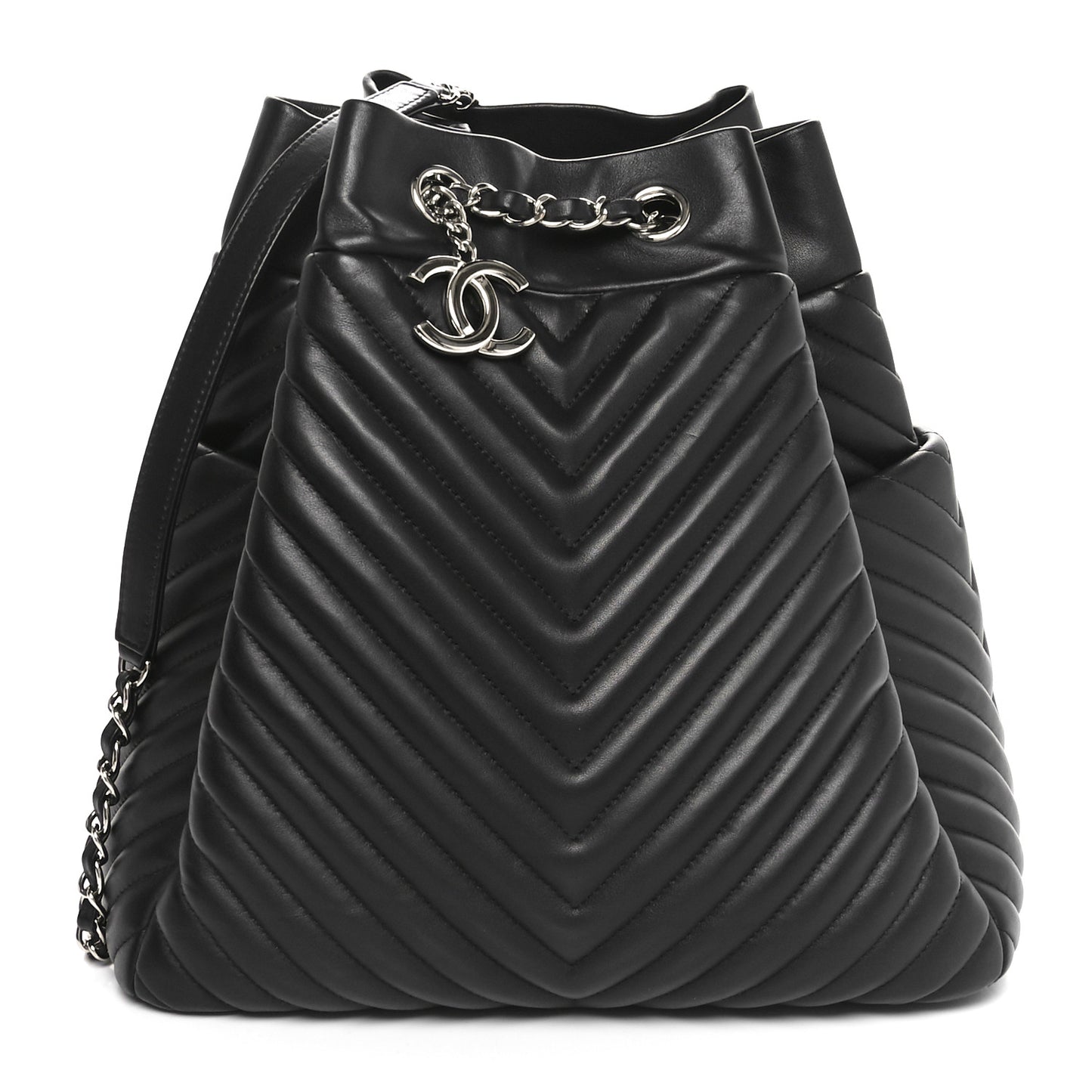 Lambskin Chevron Quilted Large Urban Spirit Drawstring Bag Black