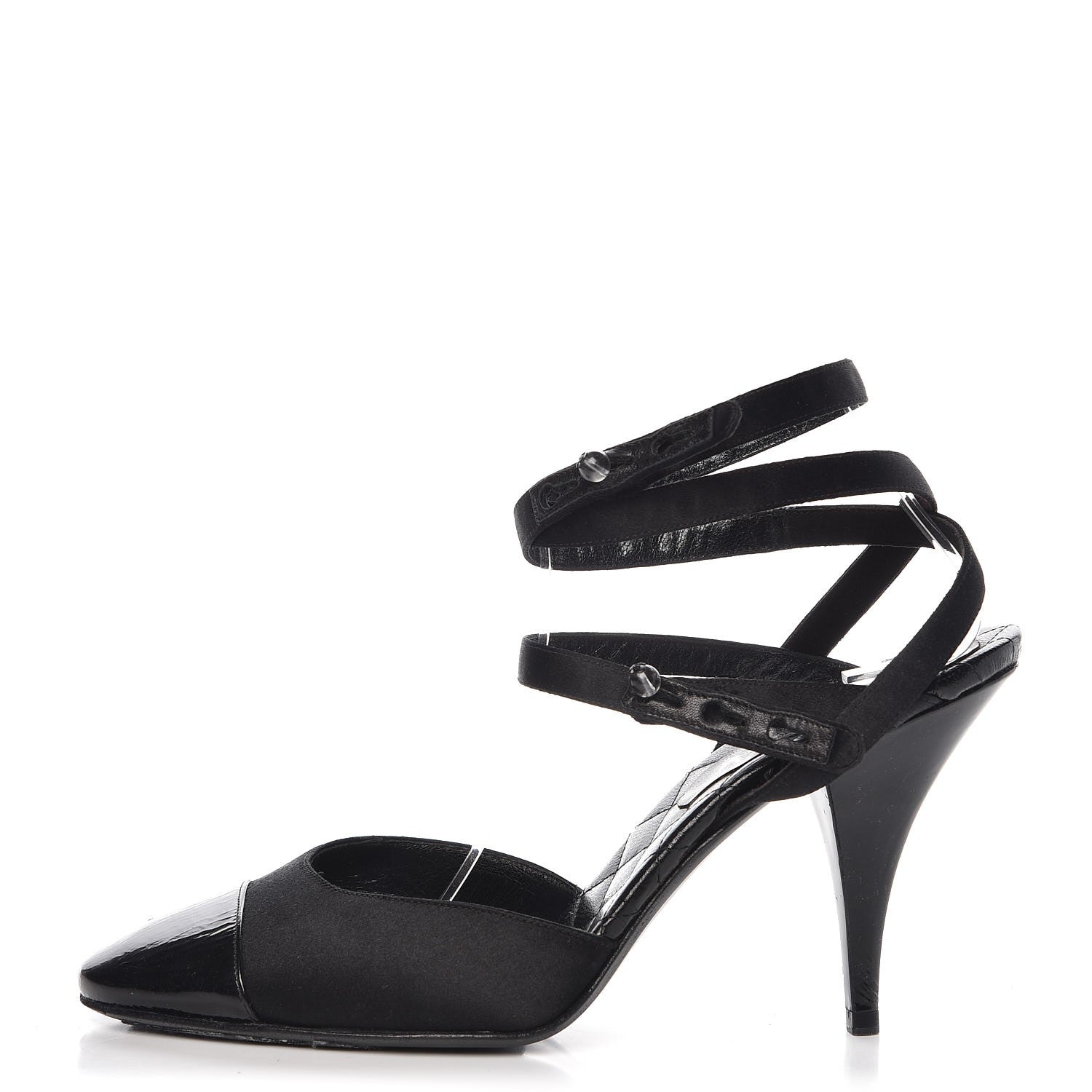 Chanel Satin Patent Cap Toe Ankle Wrap Pumps 38.5 Black 1 of 10