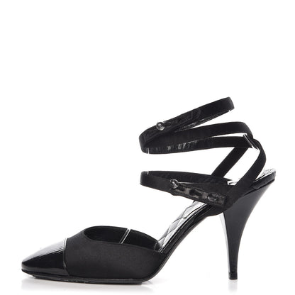 Chanel Satin Patent Cap Toe Ankle Wrap Pumps 38.5 Black 1 of 10