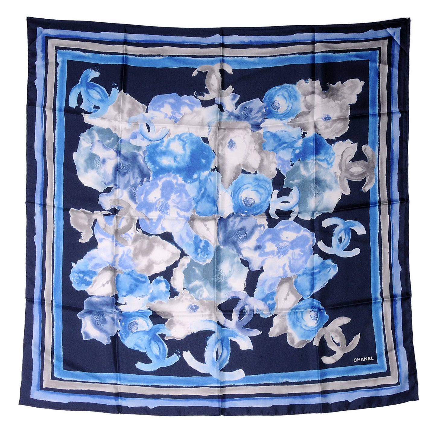 Silk CC Watercolor Camellia Flower Scarf Blue