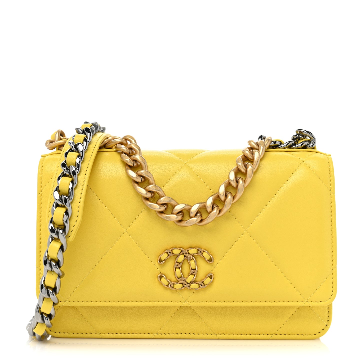 Lambskin Quilted Chanel 19 Wallet On Chain WOC Yellow