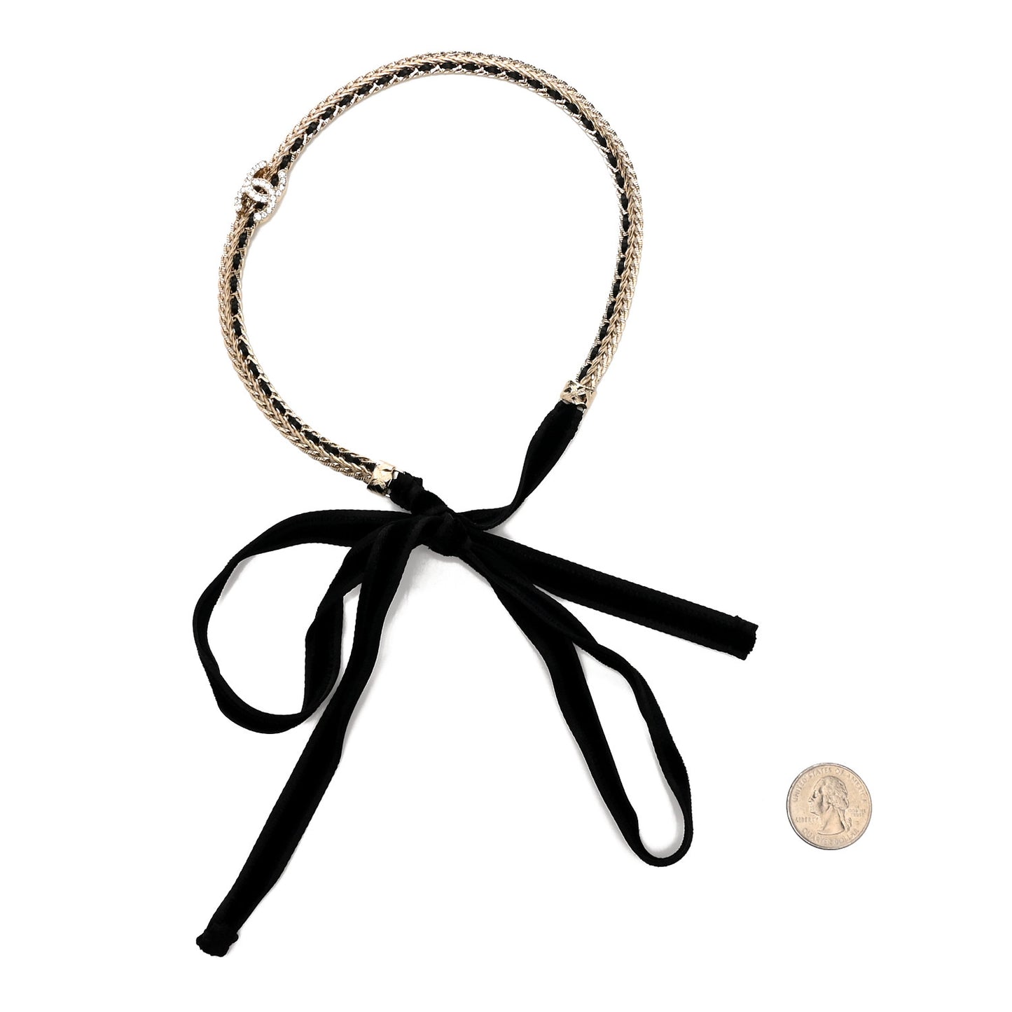Metal Lambskin Crystal CC Chain Tie Headband Gold Black