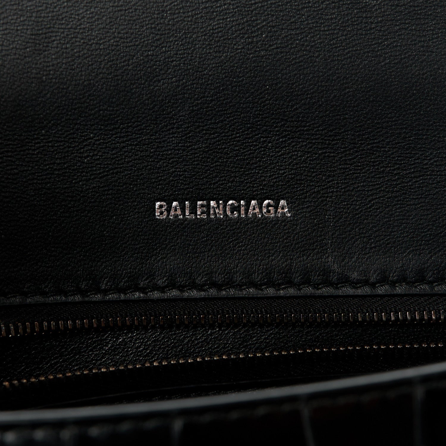 Balenciaga Shiny Calfskin Monochrome Crocodile Embossed Small Hourglass Top Handle Bag Black 6 of 11