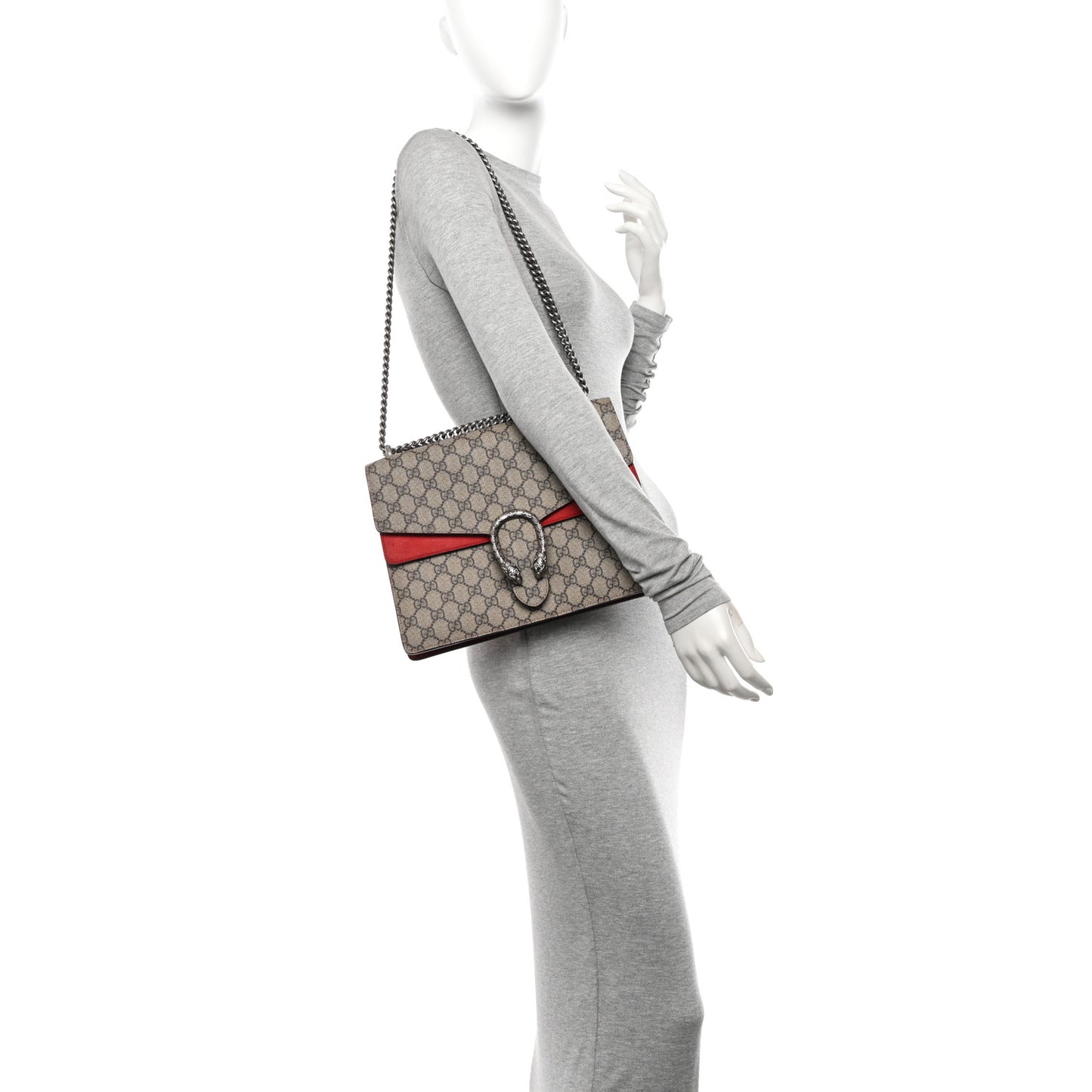 GG Supreme Monogram Suede Cudu Medium Dionysus Shoulder Bag Beige Ebony Vulcanic Red