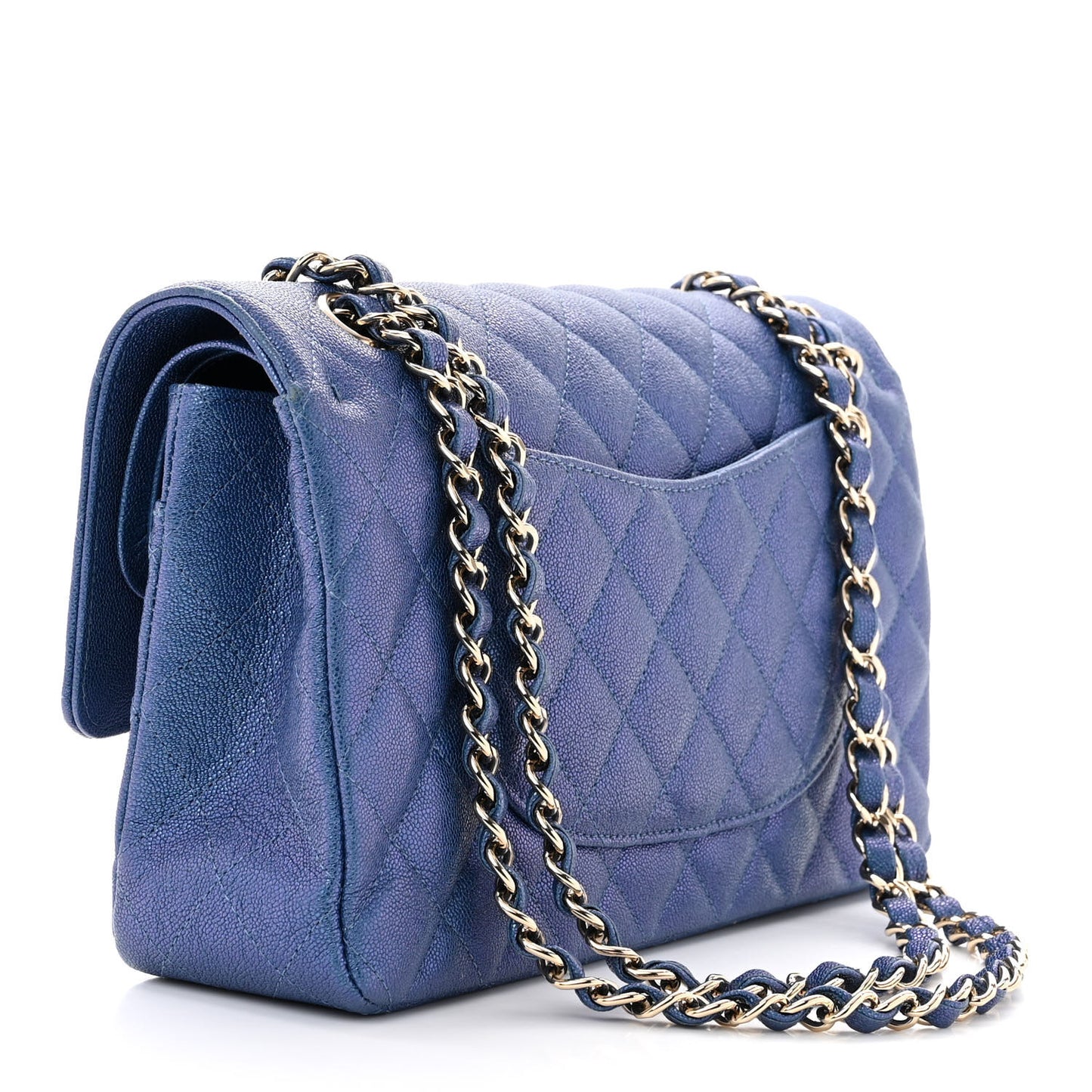 Iridescent Caviar Quilted Medium Double Flap Dark Blue