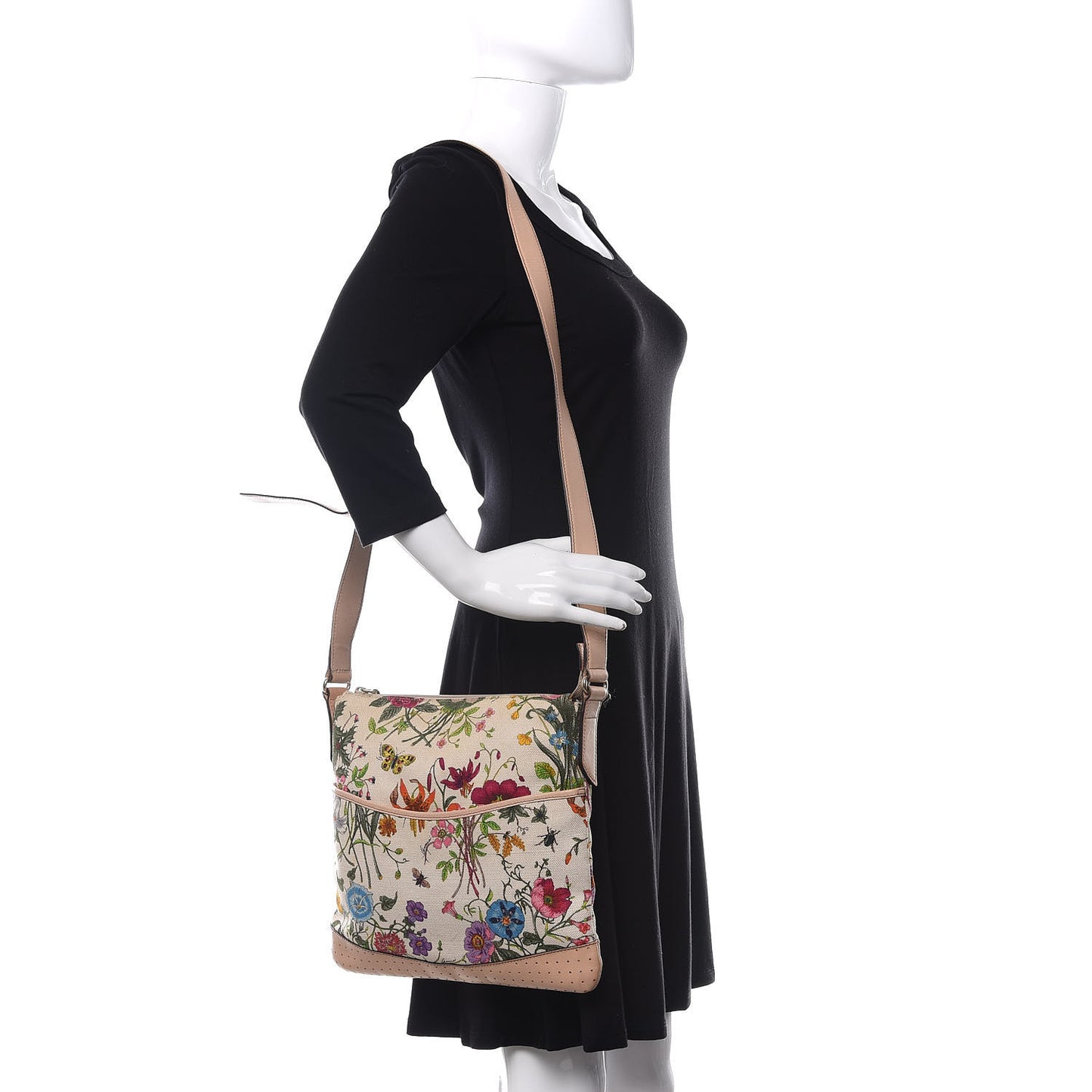 Canvas Calfskin Flora Perforated Medium Flat Messenger Bag White
