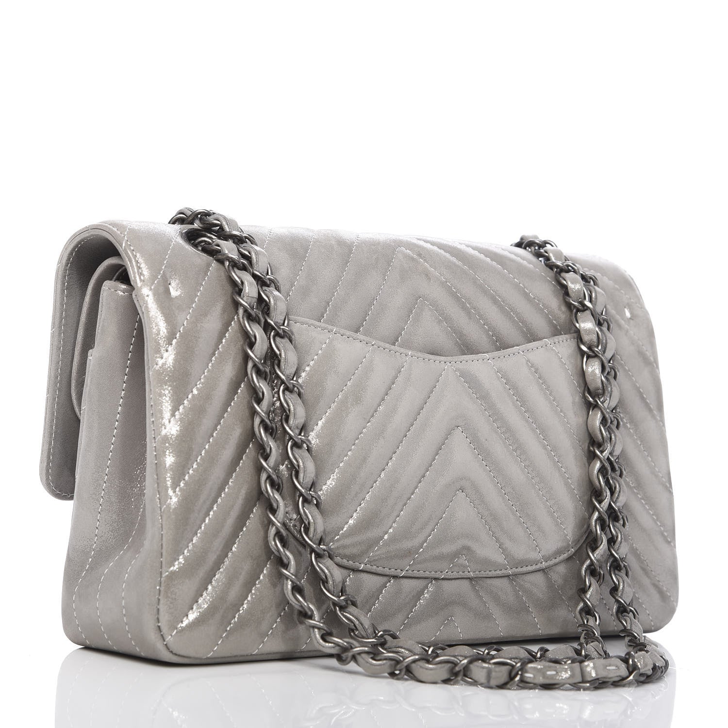 Chanel Iridescent Calfskin Chevron Quilted Medium Double Flap Silver 3 of 12