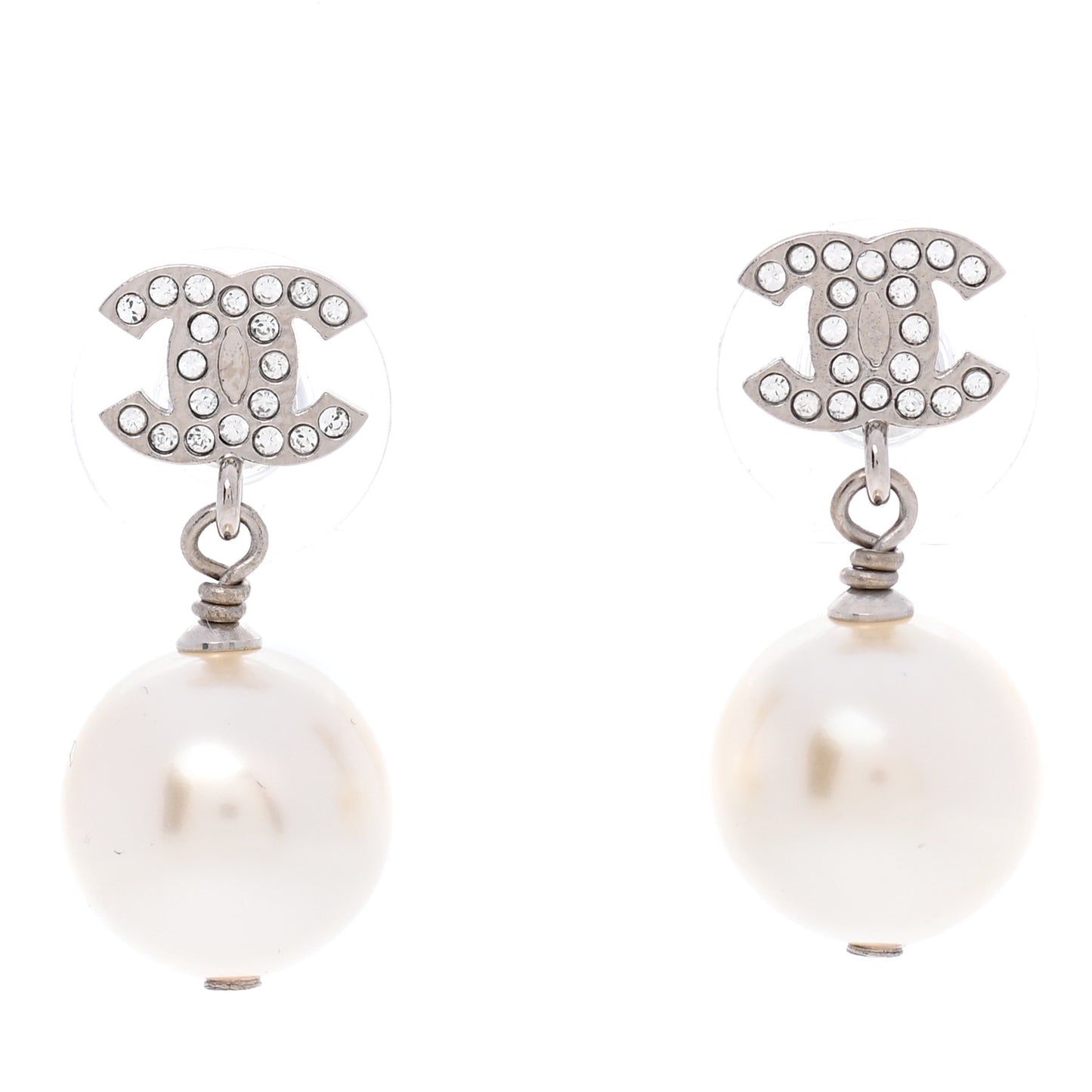 Crystal Pearl CC Drop Earrings Silver