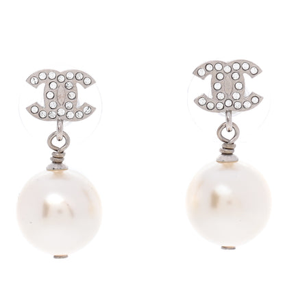 Chanel Crystal Pearl CC Drop Earrings Silver 1 of 5