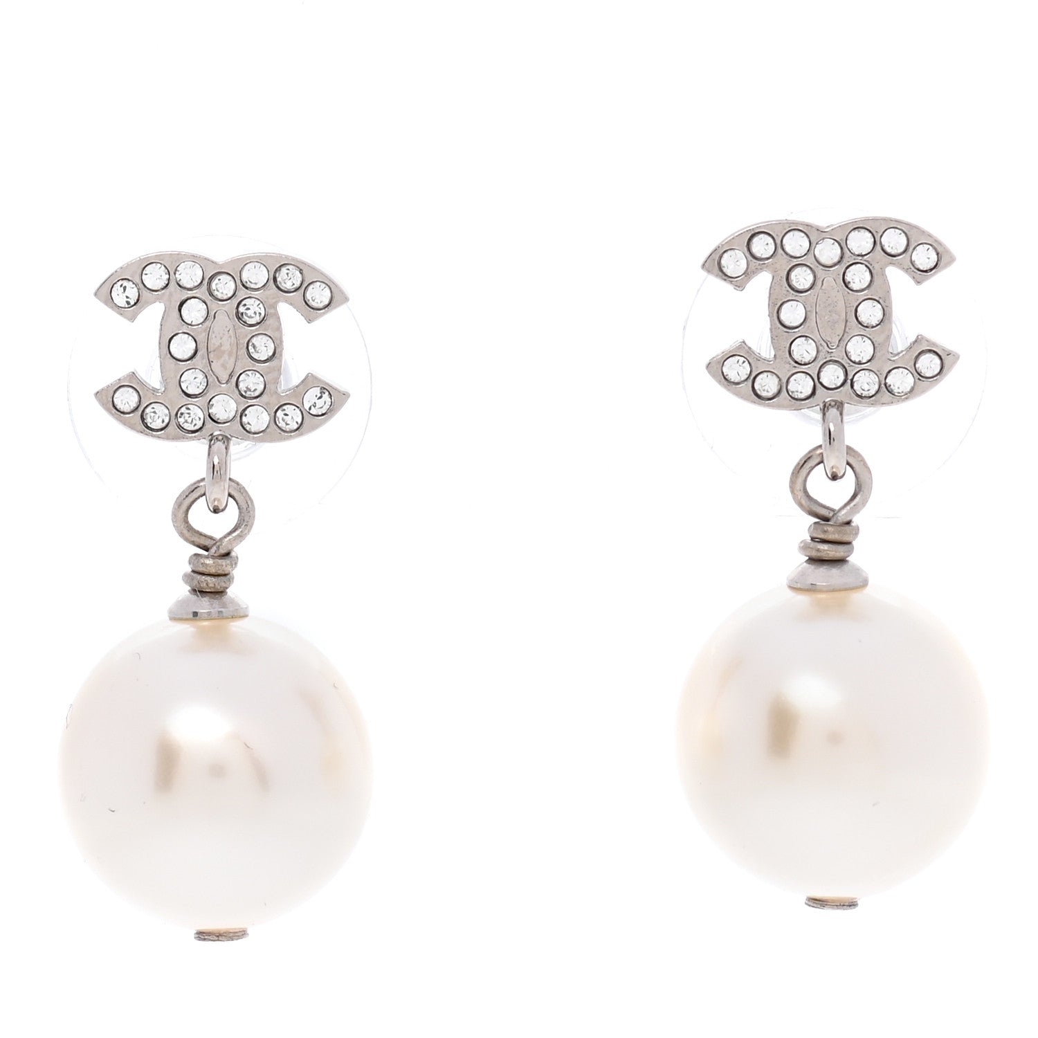 Chanel Crystal Pearl CC Drop Earrings Silver 1 of 5