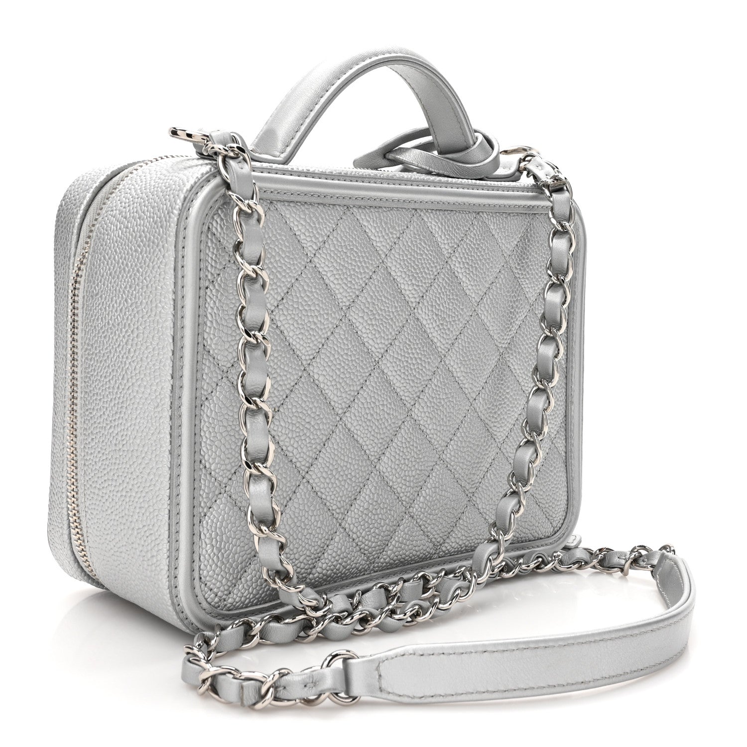 Chanel Metallic Caviar Quilted Medium CC Filigree Vanity Case Silver 3 of 10