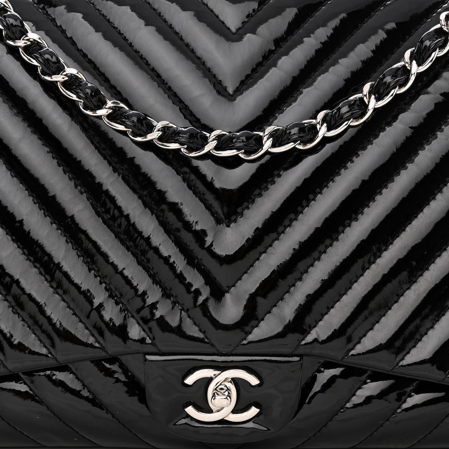 Patent Chevron Quilted Maxi Single Flap Black