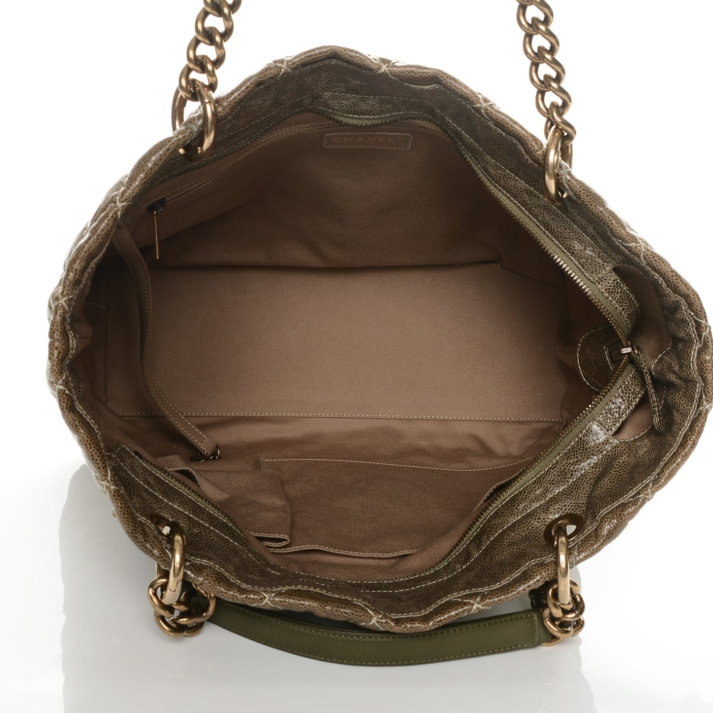 Crumpled Grained Calfskin Large Coco Pleats Tote Khaki