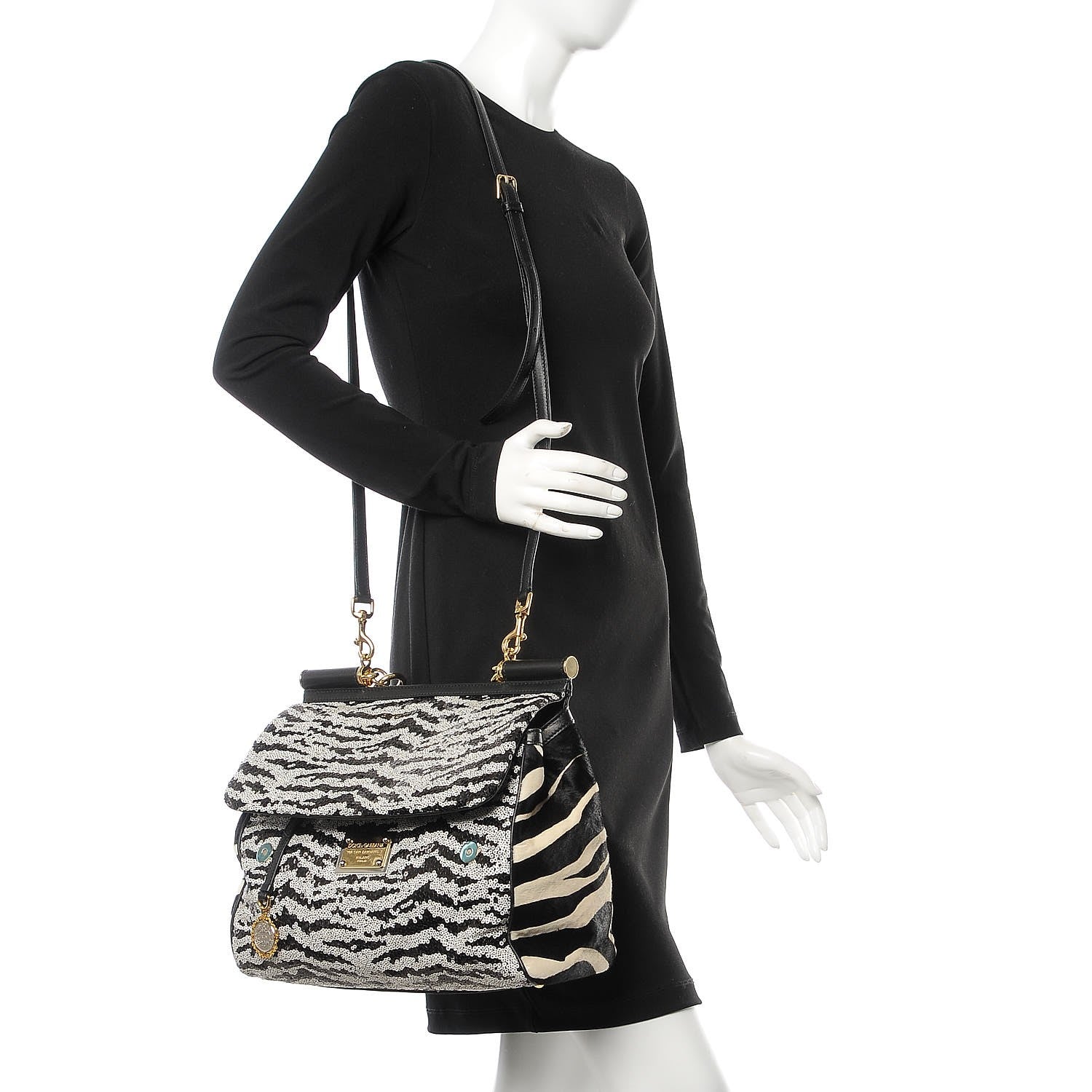 Dolce & Gabbana Calf Hair Sequin Large Miss Sicily Satchel Black White 2 of 8