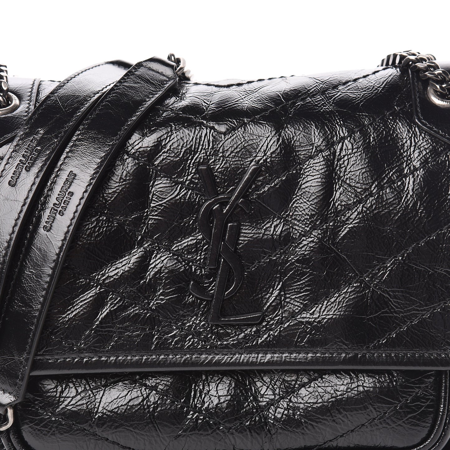 Crinkled Calfskin Matelasse Monogram Baby Niki Chain Satchel Black