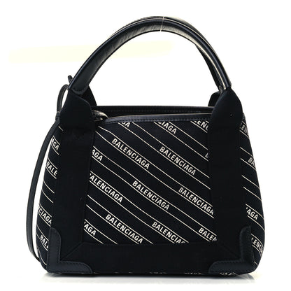 Balenciaga Cotton Canvas Calfskin Logo Print Navy Cabas XS Black White 3 of 11