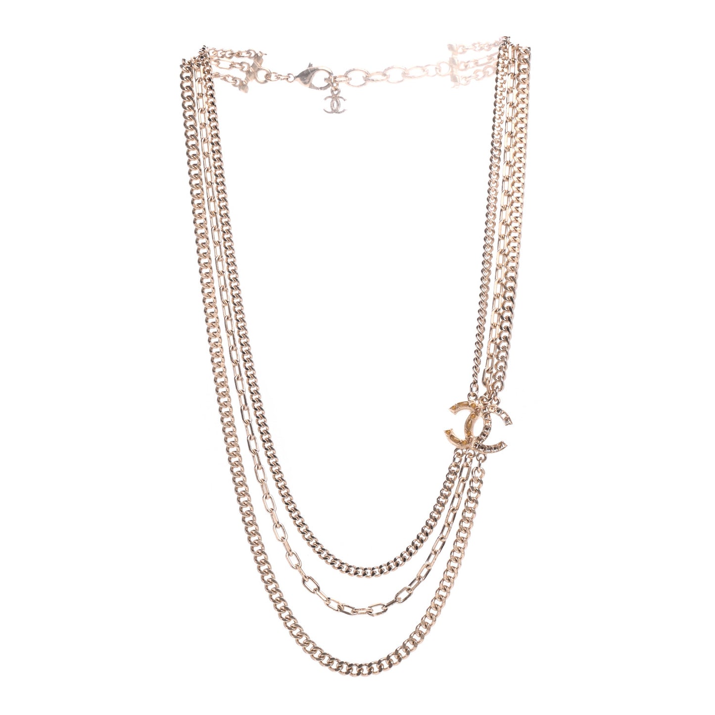 Baguette Crystal Gripoix Poured Glass CC Multi Strand Chain Necklace Light Gold
