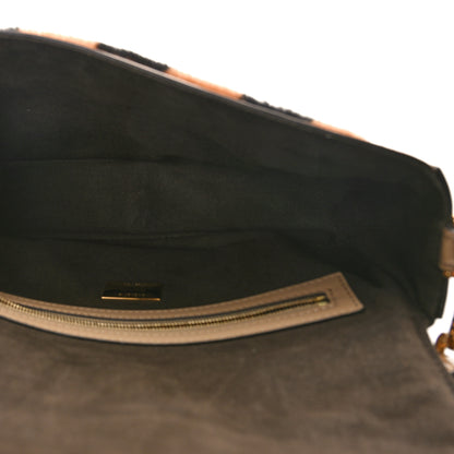 Fendi Shearling Patent Pequin Striped Baguette Tobacco Black Tortora 5 of 8