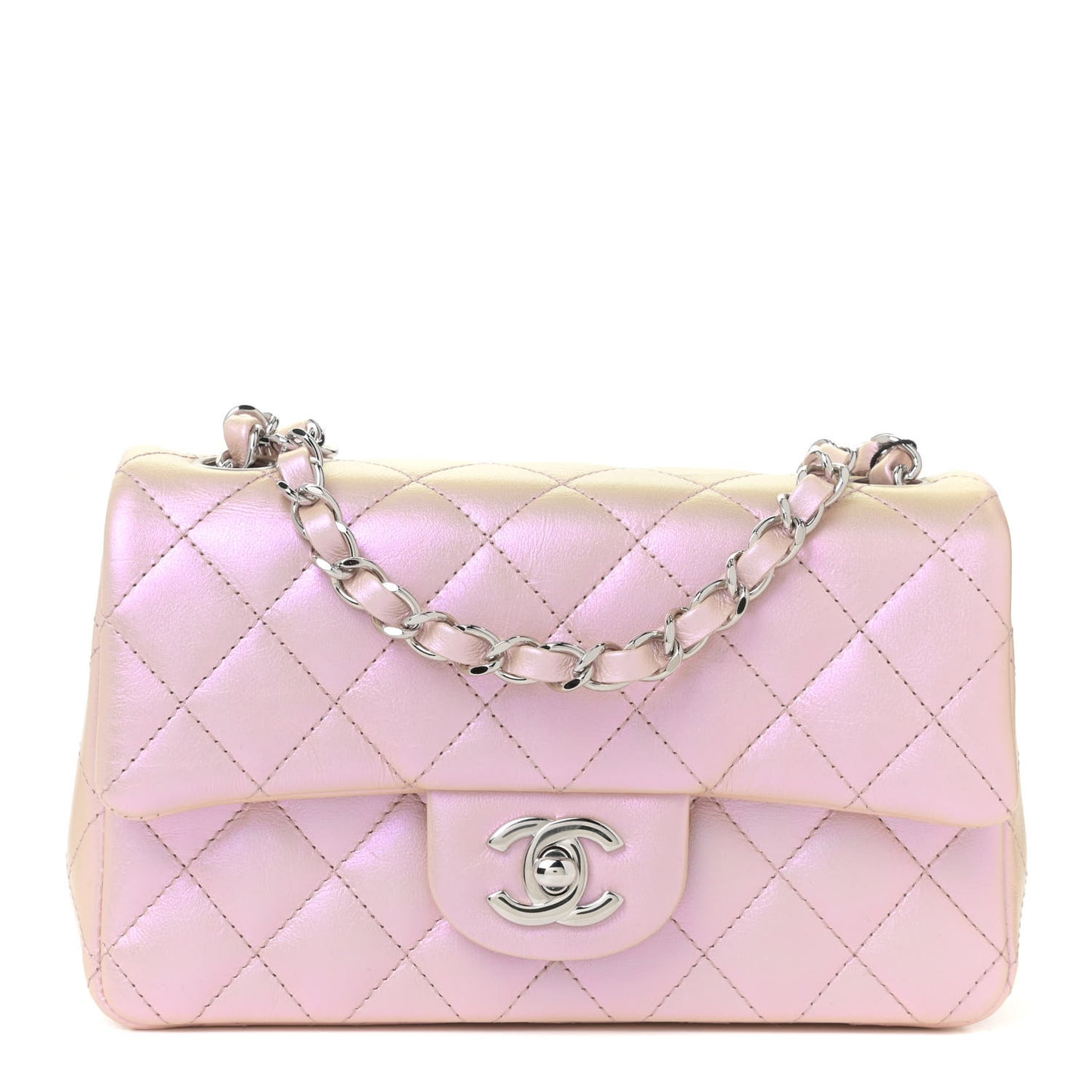 Iridescent Calfskin Quilted Mini Rectangular Flap Pink