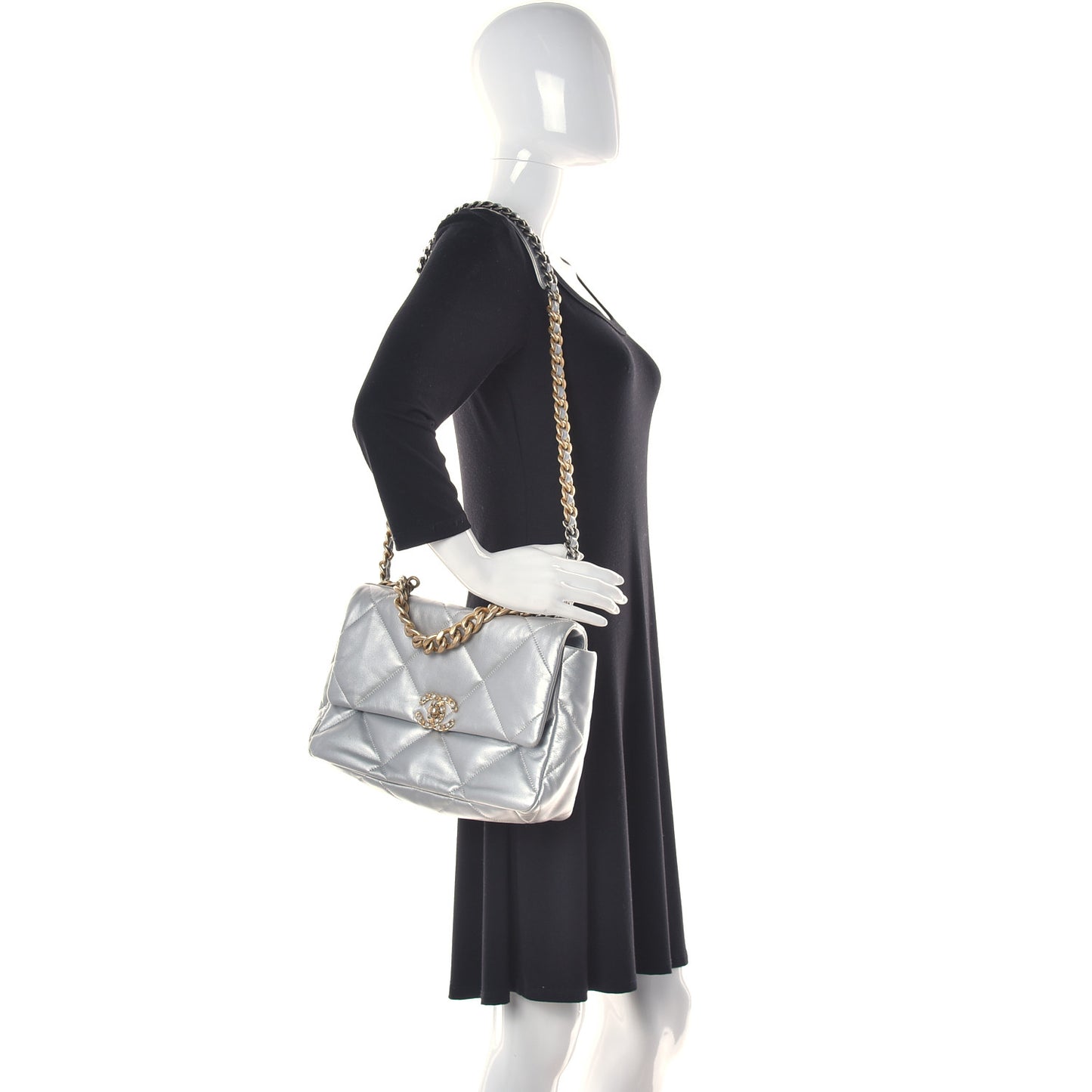 Metallic Goatskin Quilted Large Chanel 19 Flap Silver