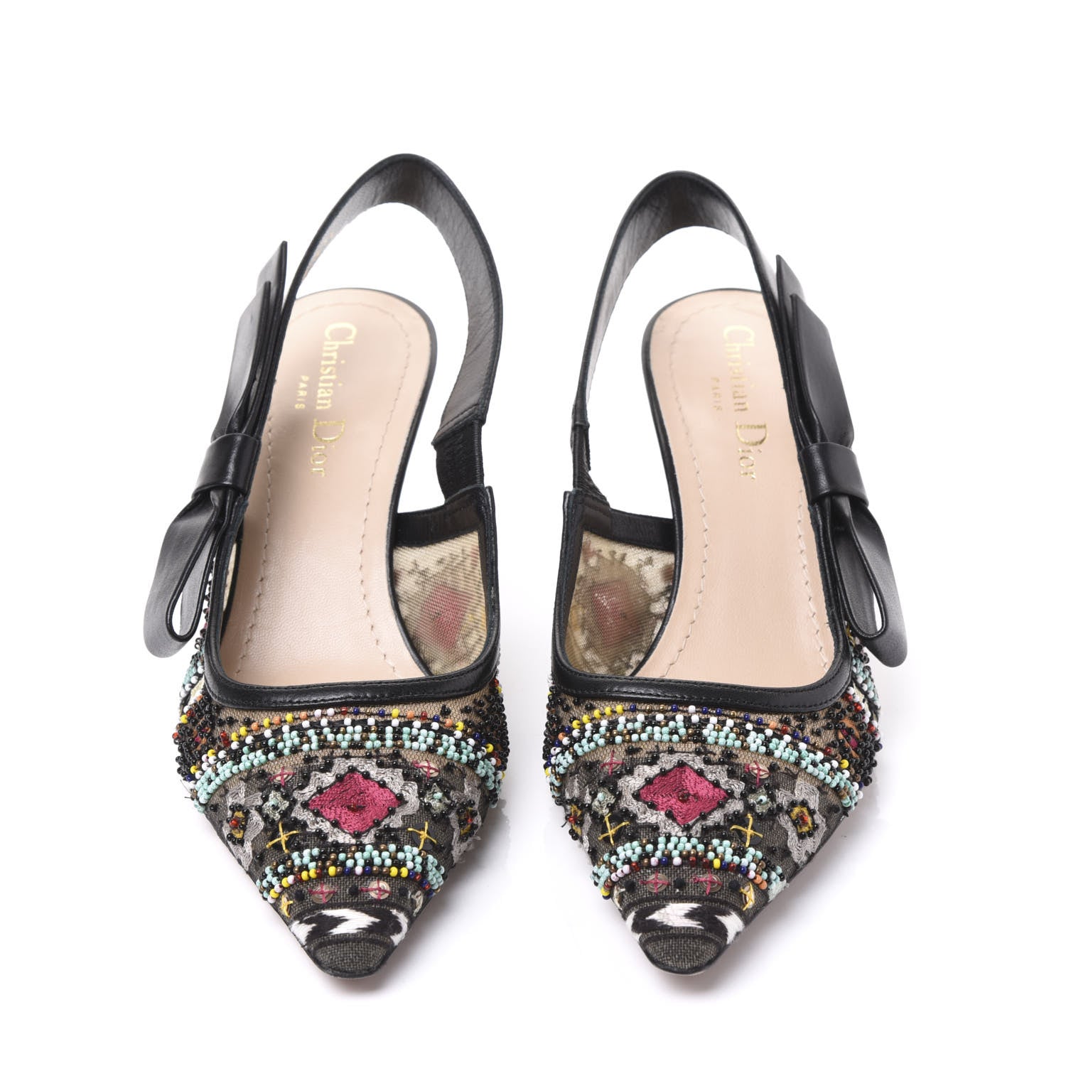 Christian Dior Calfskin Embroidered Beaded Sweet D Slingback Pumps 37.5 Black Turquoise 3 of 9