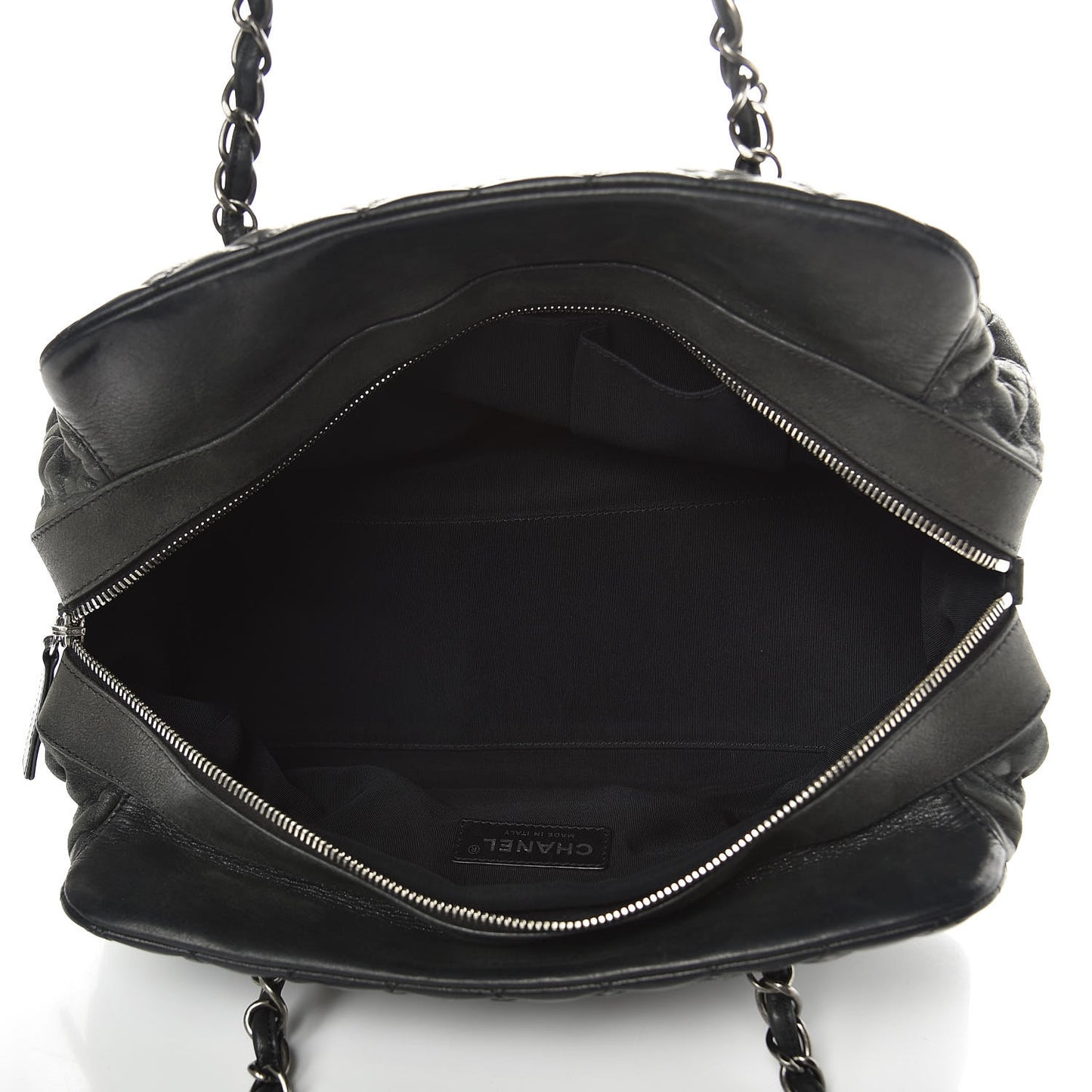 Iridescent Calfskin Chic Quilt Bowling Bag Black