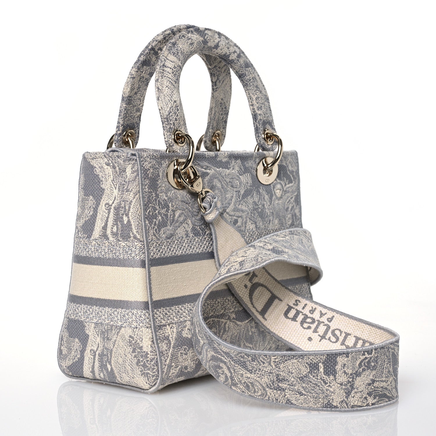 Christian Dior Canvas Toile De Jouy Reverse Embroidered Medium Lady D-Lite Gray 3 of 11