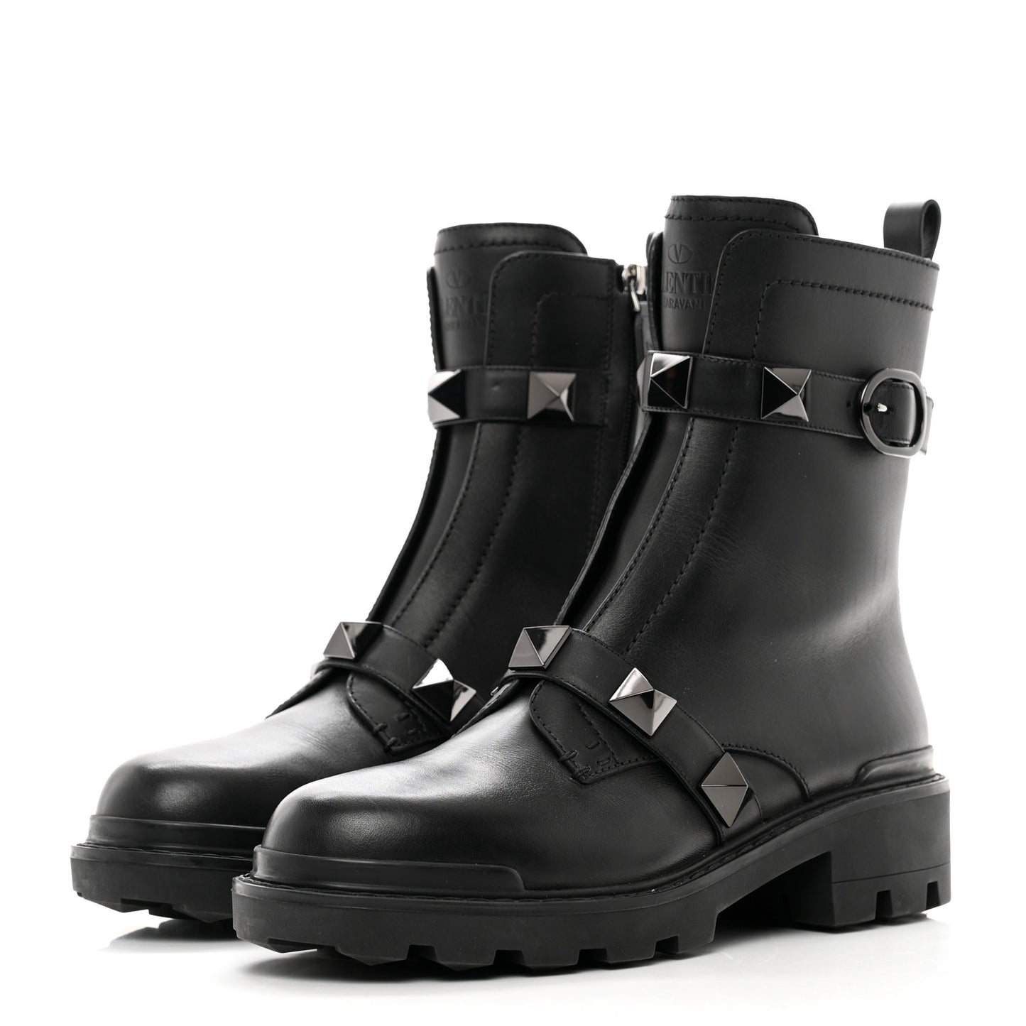 Calfskin Tonal Roman Stud 20/40mm Combat Boots 40 Black