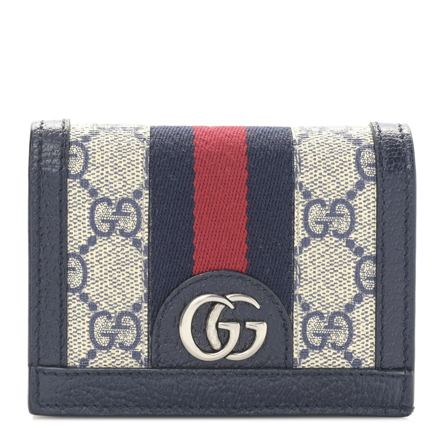 GG Supreme Monogram Textured Dollar Calfskin Web Ophidia Card Case Beige Blue