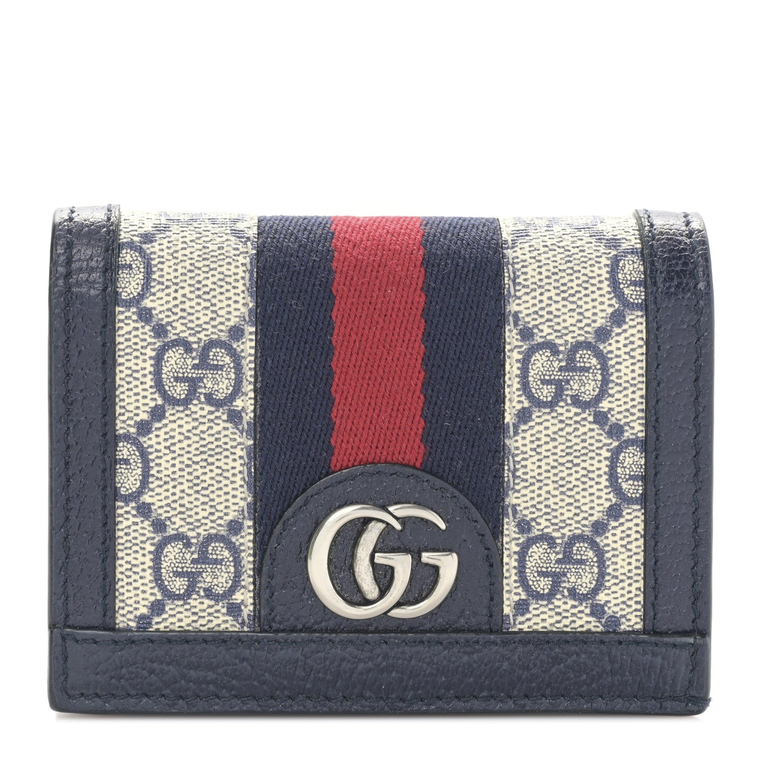 Gucci GG Supreme Monogram Textured Dollar Calfskin Web Ophidia Card Case Beige Blue 1 of 9