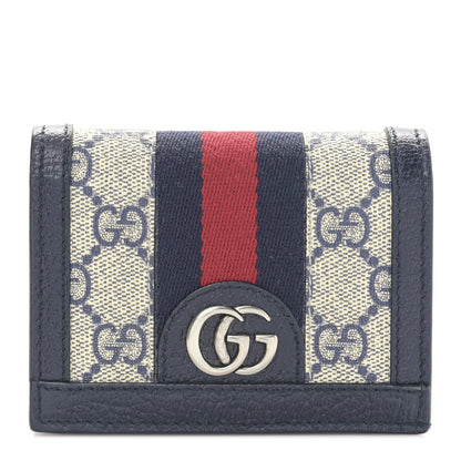 Gucci GG Supreme Monogram Textured Dollar Calfskin Web Ophidia Card Case Beige Blue 1 of 9