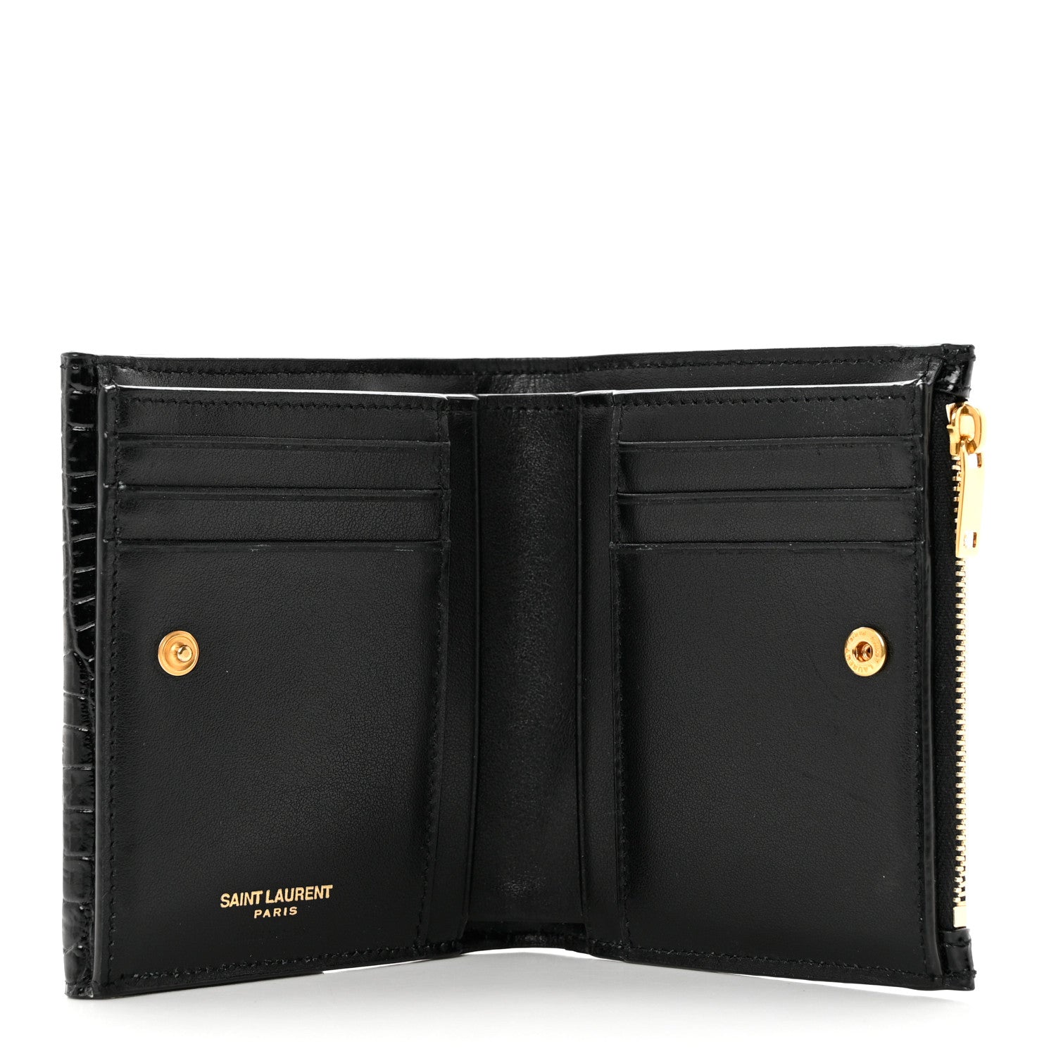 Saint Laurent Shiny Calfskin Crocodile Embossed Monogram Uptown Compact Wallet Black 5 of 7