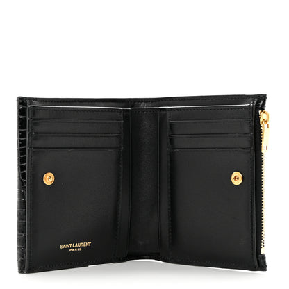 Saint Laurent Shiny Calfskin Crocodile Embossed Monogram Uptown Compact Wallet Black 5 of 7