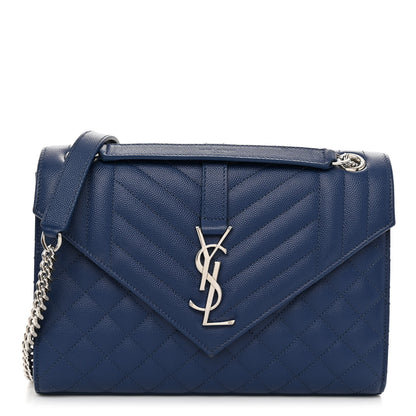 Saint Laurent SAINT LAURENT Grain De Poudre Textured Mixed Matelasse Triquilt Medium Monogram Satchel Denim 1 of 10