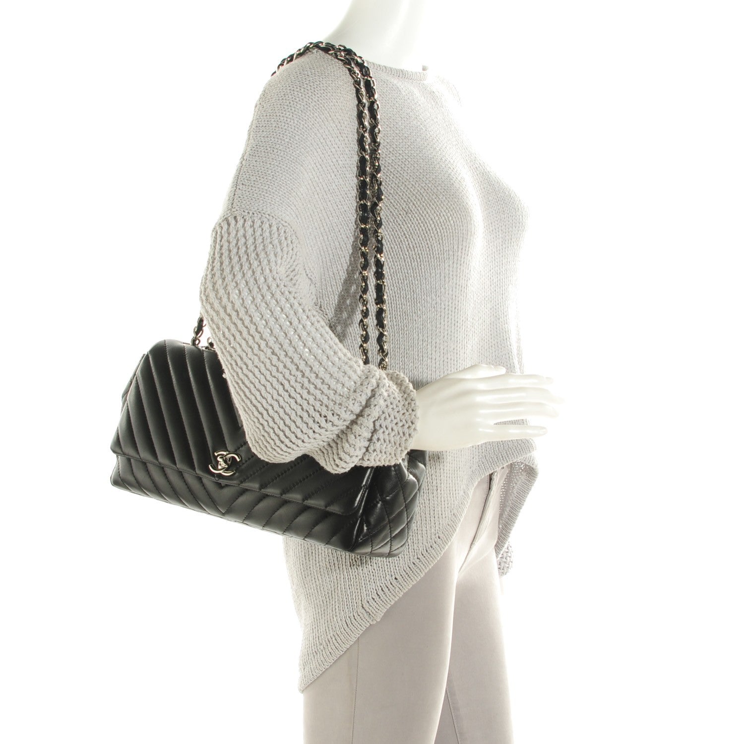 Chanel Lambskin Chevron Quilted Large Surpique Flap Black 2 of 8