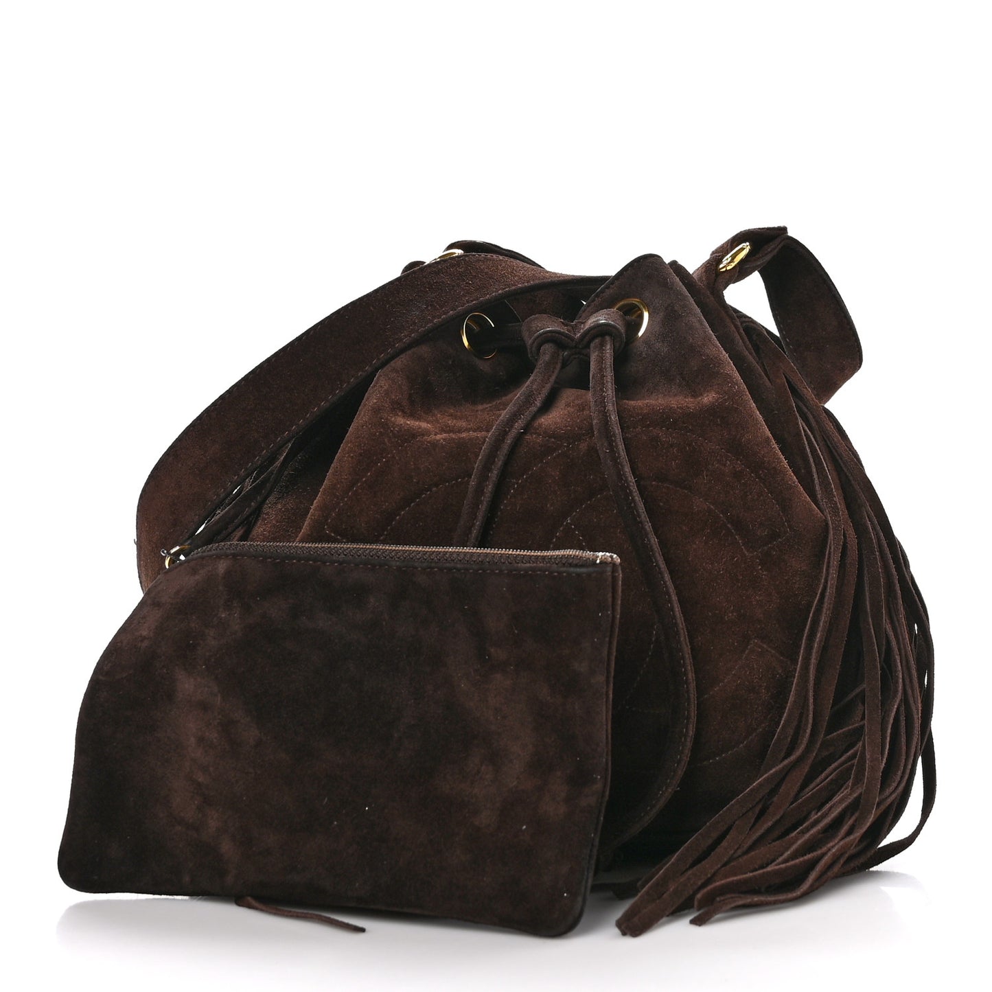 Suede Drawstring Tassel Bucket Bag Brown